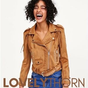ZARA // ltd ed blogger fave studded embroidered faux suede fringe moto jacket